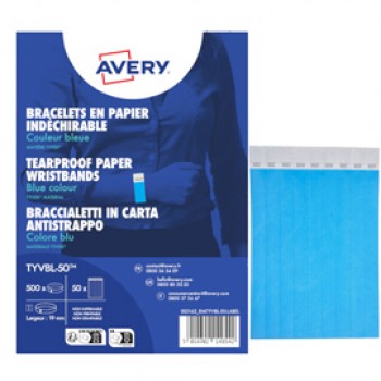 Braccialetti identificativi - in Tyvek - blu fluo - 265 x 19 mm - 50 fogli - 10 et/fg - Avery - Conf. 500 pezzi Braccialetti identificativi - in Tyvek - blu fluo - 265 x 19 mm - 50 fogli - 10 et/fg - Avery - Conf. 500 pezzi
