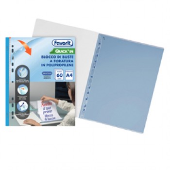 Quick IN blocco buste forate - liscio - A4 - trasparente - Favorit - conf. 60 buste