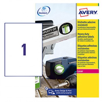 Etichette adesive L4775 - in poliestere - laser - permanenti - 210 x 297 mm - 1 et/fg - 8 fogli - bianco - Avery
