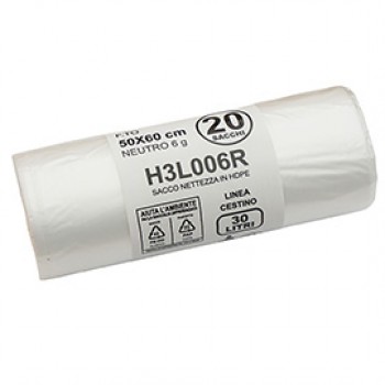 Sacco rifiuti - HDPE - 50 x 60 cm - 30 L - 15my - neutro - Bio Extrusion - conf. 20 pezzi Sacco rifiuti - HDPE - 50 x 60 cm - 30 L - 15my - neutro - Bio Extrusion - conf. 20 pezzi