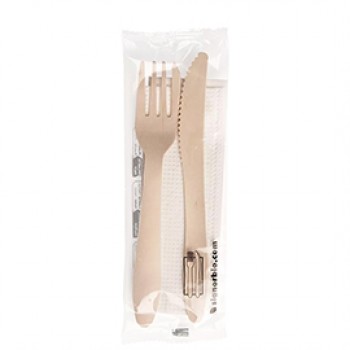 Bis posate con tovagliolo - legno naturale - Signor Bio - conf. 50 pezzi