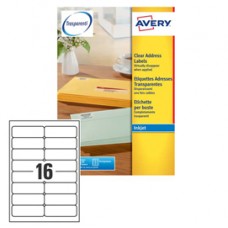 Etichetta adesiva J8562 - adatta a stampanti inkjet - 99,1x34 mm - 16 etichette per foglio - trasparente - Avery - conf. 25 fogli A4