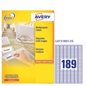 Etichette adesive L4731REV - in carta - angoli arrotondati - rimovibili - 25,4 x 10 mm - 189 et/fg - 25 fogli - bianco - Avery
