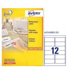 Etichette adesive L4743REV - in carta - angoli arrotondati - rimovibili - 99,1 x 42,3 mm - 12 et/fg - 25 fogli - bianco - Avery