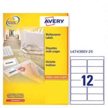 Etichette adesive L4743REV - in carta - angoli arrotondati - rimovibili - 99,1 x 42,3 mm - 12 et/fg - 25 fogli - bianco - Avery