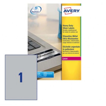 Etichette adesive L6013 - in poliestere - laser - permanenti - 210 x 297 mm - 1 et/fg - 20 fogli - argento - Avery