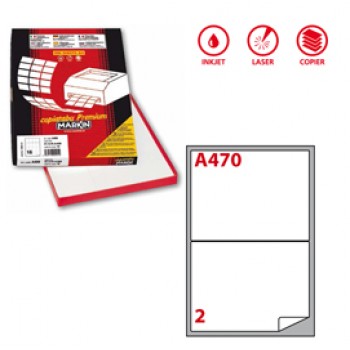 Etichette adesive A/470 - in carta - angoli arrotondati - permanenti - 199,6 x 143,5 mm - 2 et/fg - 100 fogli - bianco - Markin