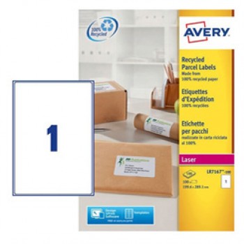 Etichette adesive - in carta riciclata - angoli arrotondati - permanenti - 199,6 x 289,1 mm - 1 et/fg - 100 fogli - bianco - Avery
