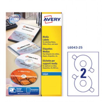 Etichette adesive tonde L6043 - in carta - laser - permanenti - diametro CD 117 mm - foro 41 mm - 2 et/fg - 25 fogli - bianco - Avery