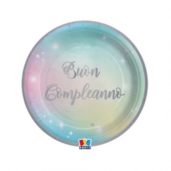 Piatto Soft Rainbow - Buon Compleanno - diametro 18 cm - carta - Big Party - conf. 8 pezzi